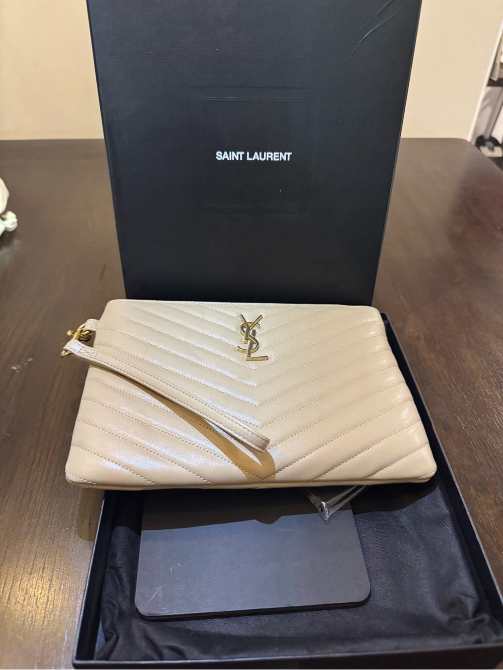 Saint Laurent Beige Quilted Leather Wristlet with Gold YSL Logo
